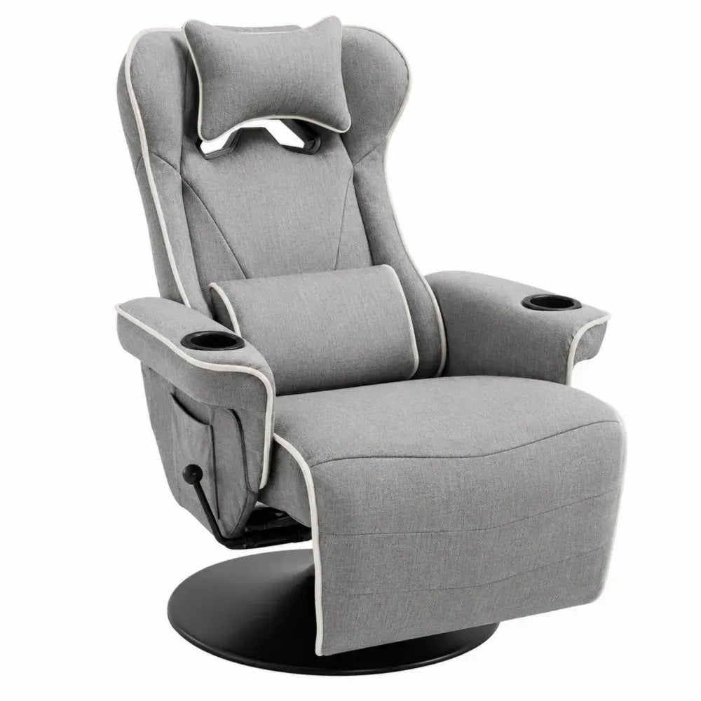 Sillón reclinable giratorio tapizado en tejido gris con base negra portavasos reposacabezas y cojín lumbar 84 x 92 x 108 cm