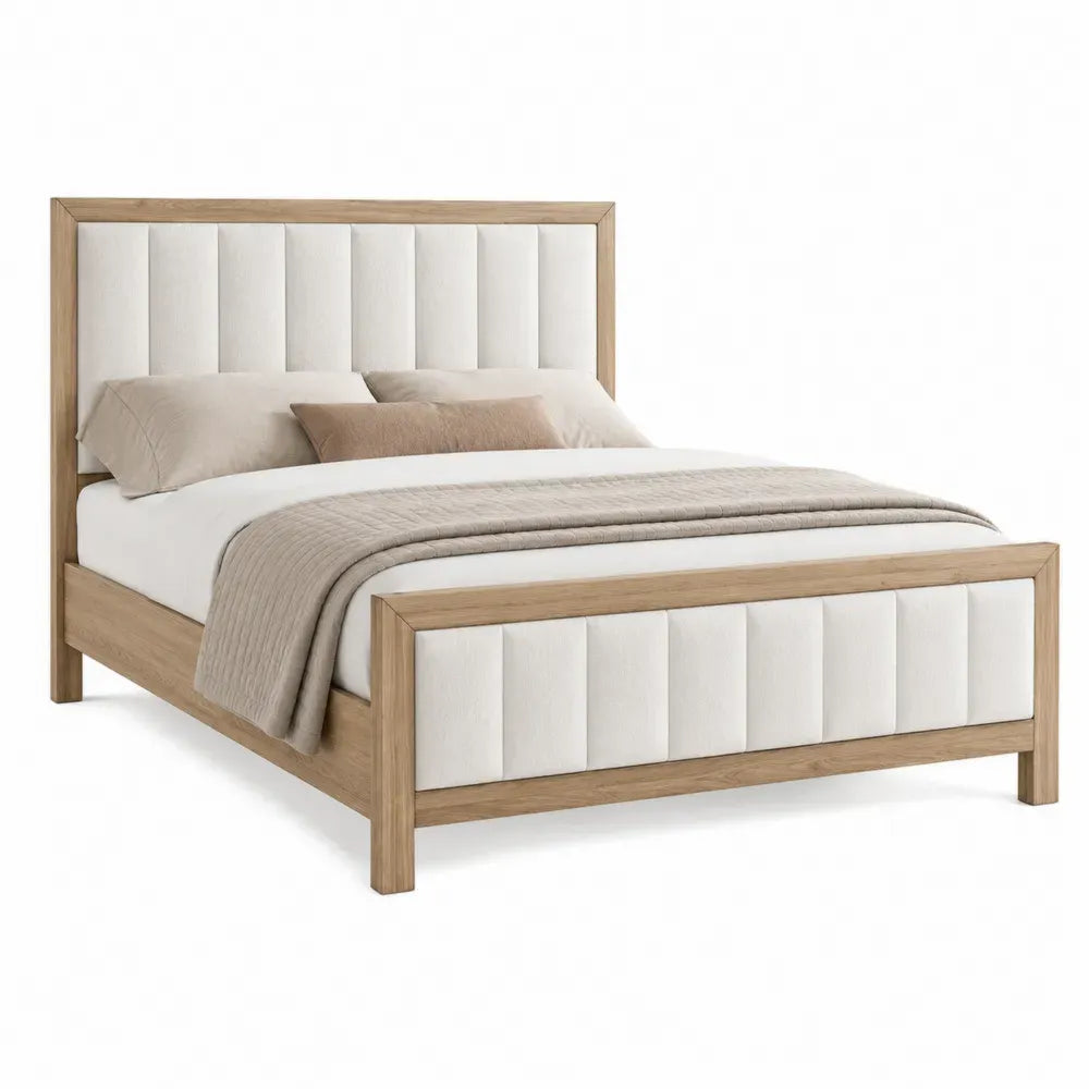 Cama doble rectangular para colchón aproximado de 150 x 200 cm con estructura de tablero de partículas y cabecero tapizado madera natural y blanco crema