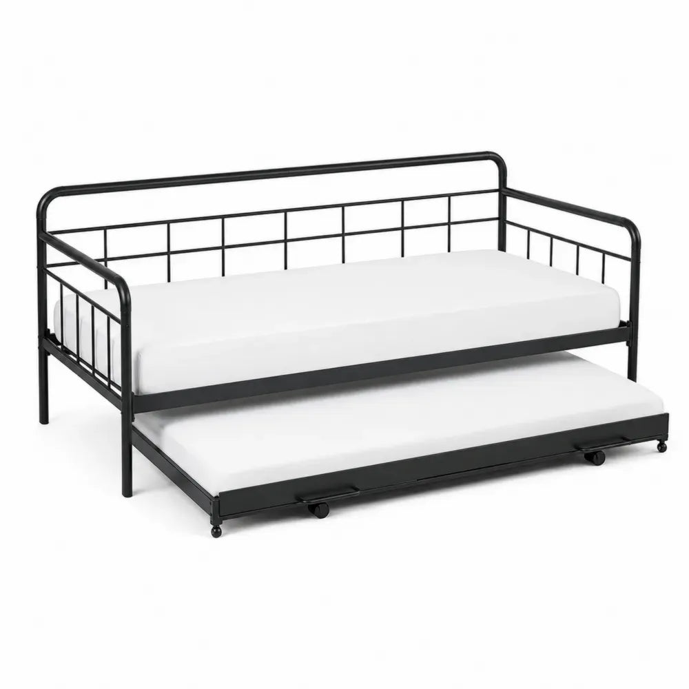 Cama nido metálica con estructura de acero negro con cama inferior extraíble y dos colchones base de láminas sin dimensiones especificadas