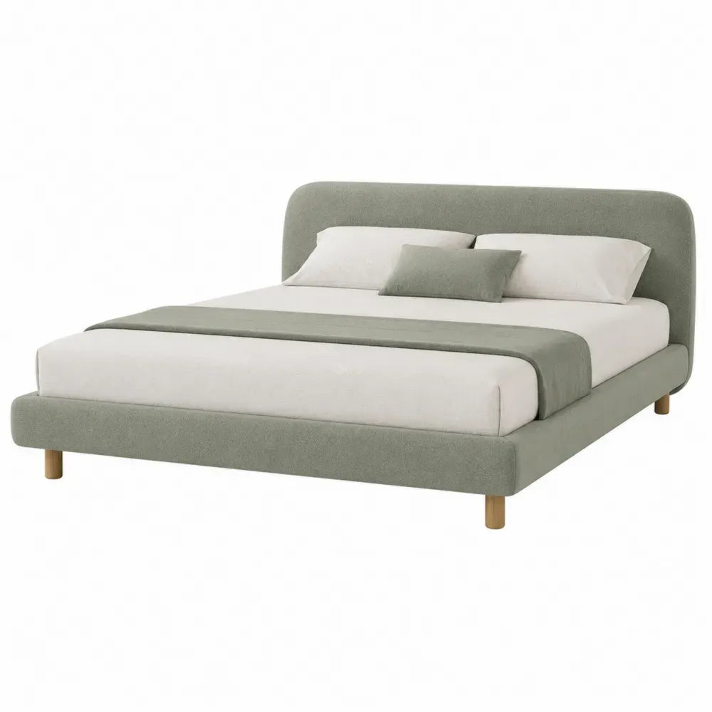 Cama tapizada 160x200 cm con cabecero curvo acolchado estructura de madera base de somier de láminas color verde salvia