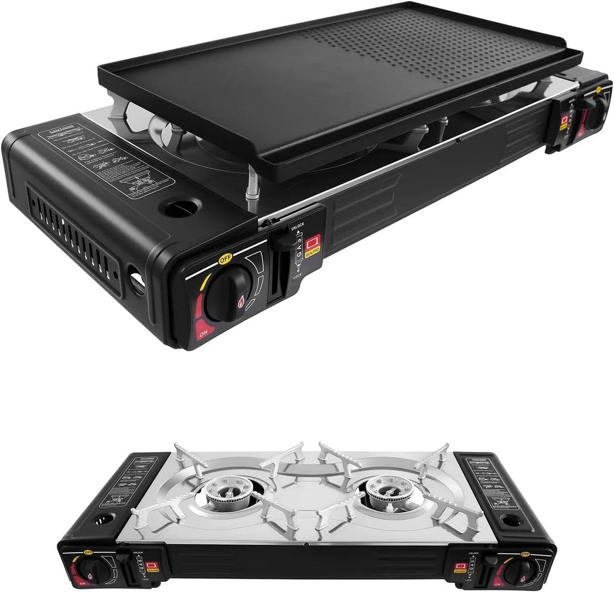 YNAADYH 2in1, Propangrills, Plynový kemping Kocher, Butan / Plynové přenosné kempinkové kamna + gril deska, Černá, 9, 02 l, 2500W, 0, 22 l