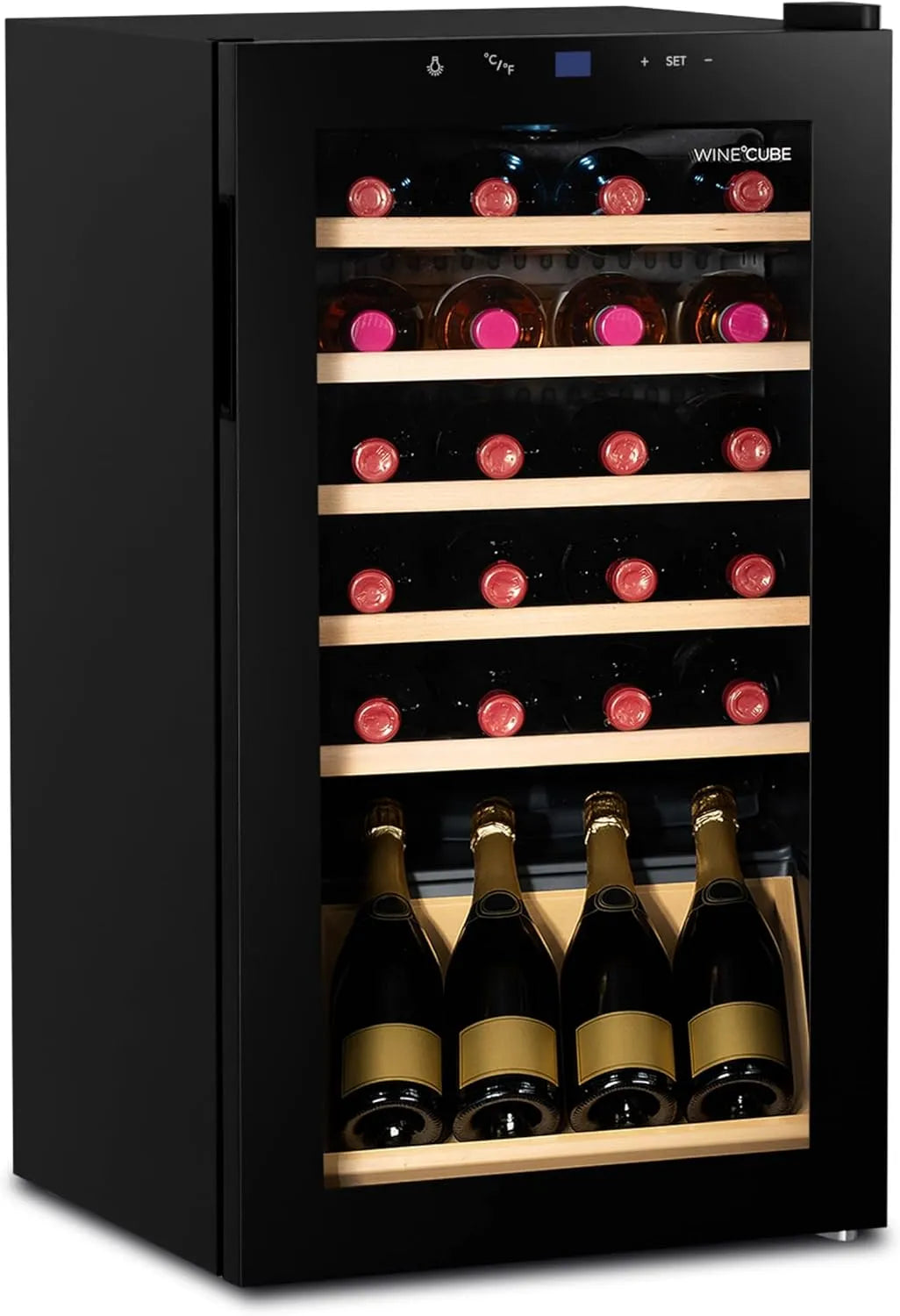 °CUBES, Vinotéky, ° CUBES lednička na víno 28 lahví (90L) s elegantními skleněnými dveřmi & vysoce, Černá, 28 l, 90L, 40 dB