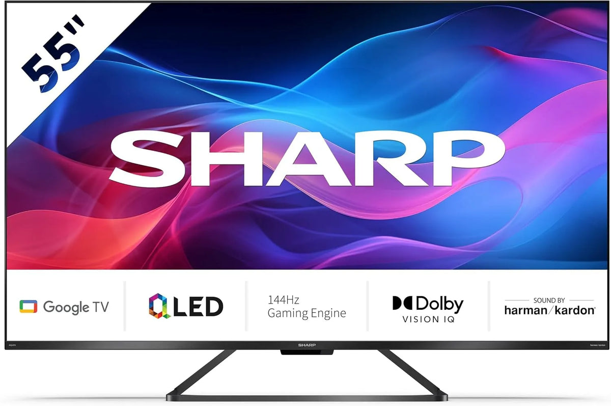 SHARP 55GR8265E, Televizory, Google TV 139 cm (55 palců) 4K Ultra HD 144Hz QLED (Smart TV bez rámu, Dolby, Černá, 55G, 139 cm, 4K, 144Hz