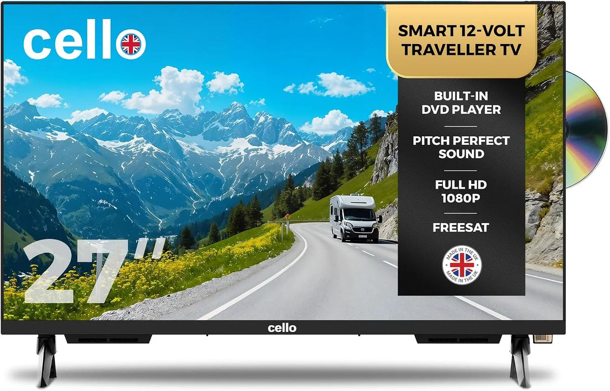 Cello C2725WSF 1080p, Přenosné televizory, 27 'Smart 12V Traveller TV, DVD, 230V, Webos, Freeview Play, Perfektní Pitch, Černá, 2725W, 27 '