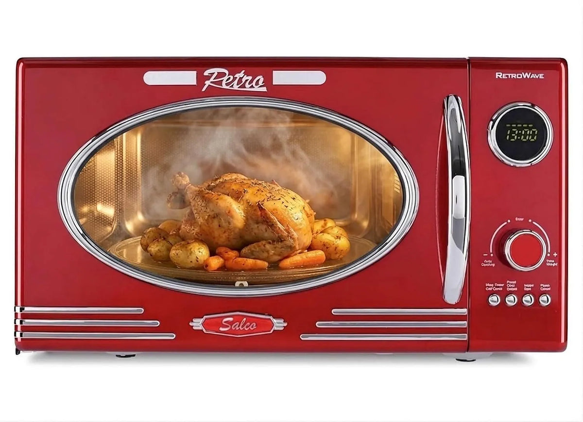 Salco, Mikrovlnné trouby s grilem, mikrovlnná trouba 2 v 1 - Retro styl s funkcí grilu - 23 l kuchyňský kout, Červená, 2 v, 23 l, 900 W