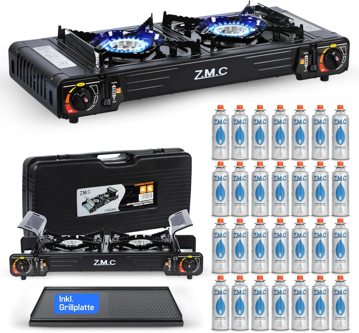 Z.M.C 2-flammig, Kempinkové sporáky, ZMC Camping Kocher 2- plamen 2, 5 kW s piezo zapalováním & TRANSPORTKOFFER, Černá, 2, 5 kW, 0 kW, 4