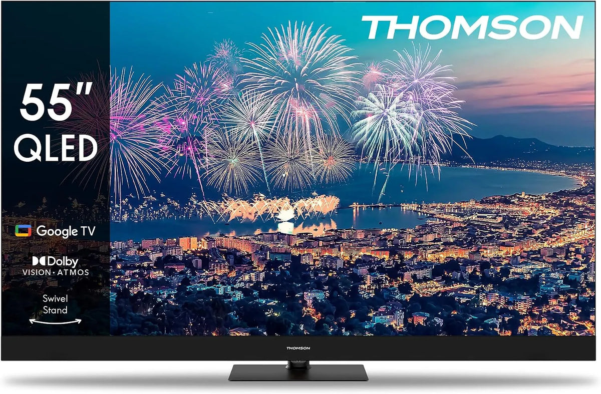Thomson 65QG5C14, 65 palců (164cm) QLED centrální nohy Google Smart TV, Wi-Fi, Dolby Audio, Černá, 164cm, QLED, 4K, 3l