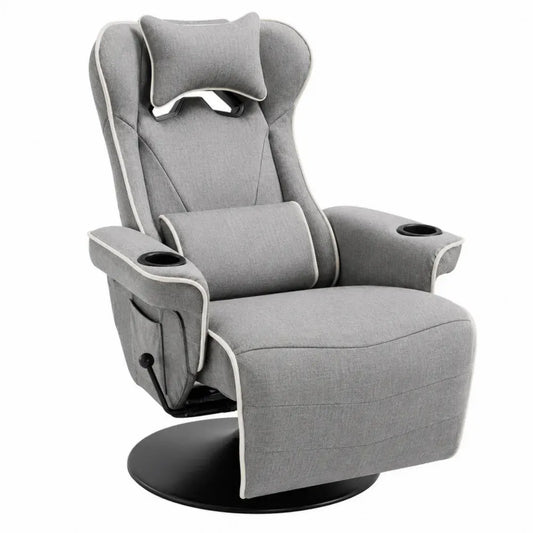 Sillón reclinable giratorio tapizado en tejido gris con base negra portavasos reposacabezas y cojín lumbar 84 x 92 x 108 cm