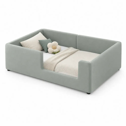 Cama infantil tapizada tipo sofá con laterales de seguridad estructura acolchada madera contrachapada color verde menta sin dimensiones especificadas