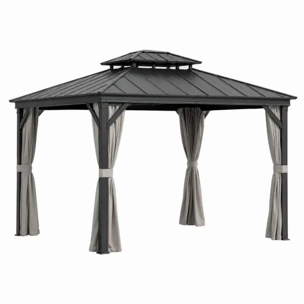 Pérgola de jardín con techo rígido de acero gris oscuro 300 x 300 x 260 cm con cortinas laterales beige