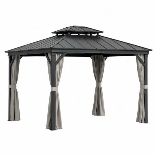 Pérgola de jardín con techo rígido de acero gris oscuro 300 x 300 x 260 cm con cortinas laterales beige