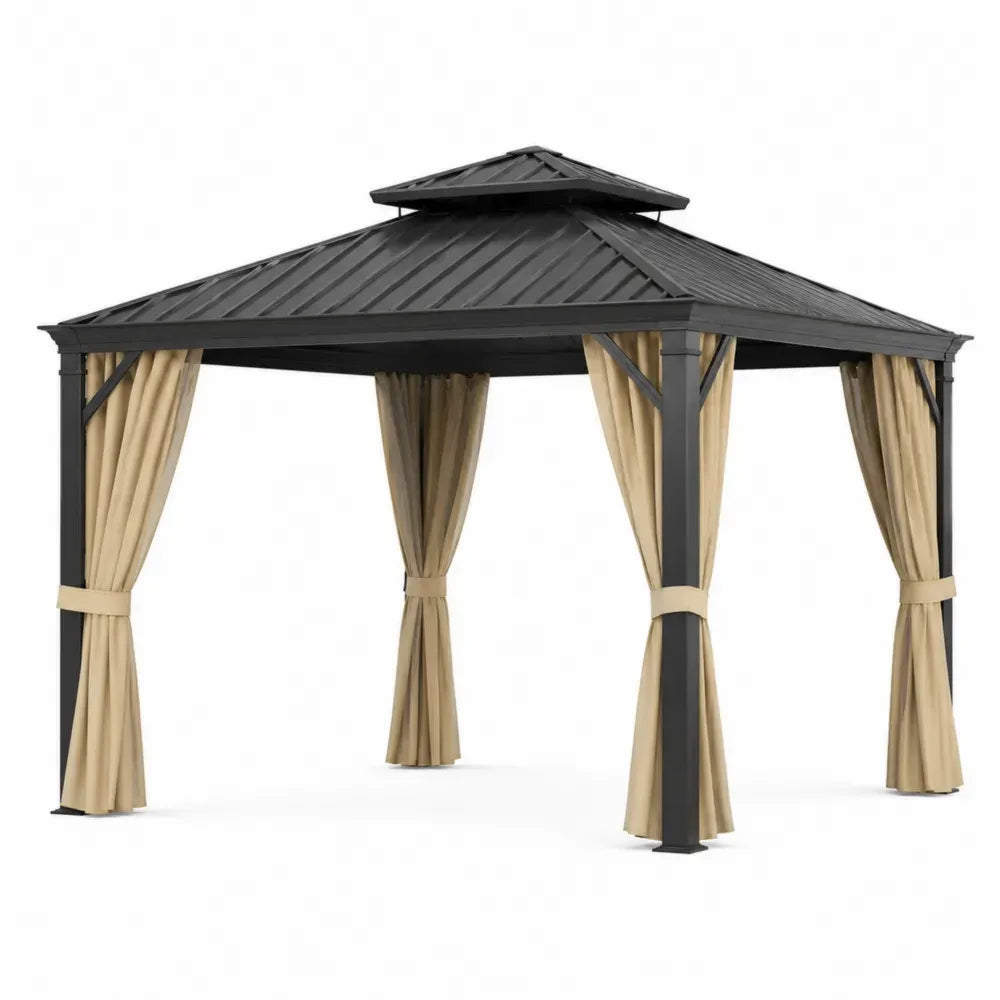 Pérgola de jardín de acero con techo de chapa metálica de doble nivel color gris oscuro antracita con cortinas beige 300x300x260 cm