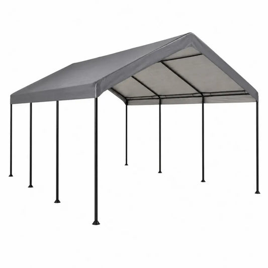 Gazebo de exterior rectangular con estructura de acero negro y techo gris 600 x 300 x 270 cm