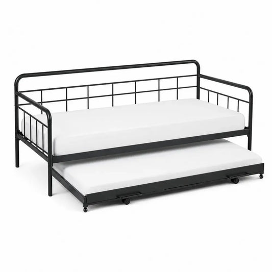 Cama nido metálica con estructura de acero negro con cama inferior extraíble y dos colchones base de láminas sin dimensiones especificadas