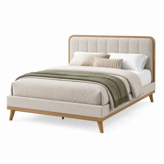 Cama tapizada beige con estructura de madera natural cabecero acolchado base de listones sin dimensiones especificadas