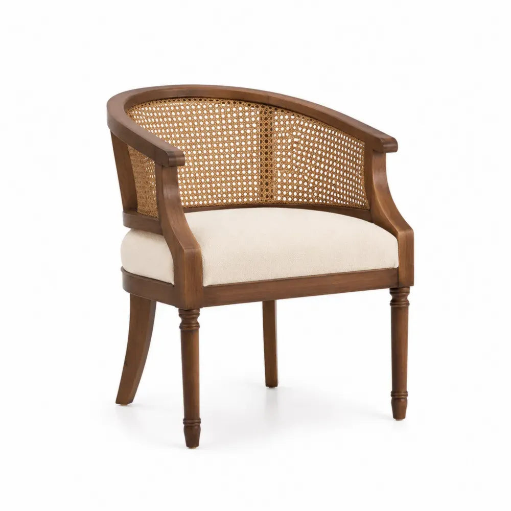 silla de salón de madera con respaldo de ratán asiento acolchado beige con reposabrazos estructura de madera natural 60 cm x 55 cm x 80 cm aproximado