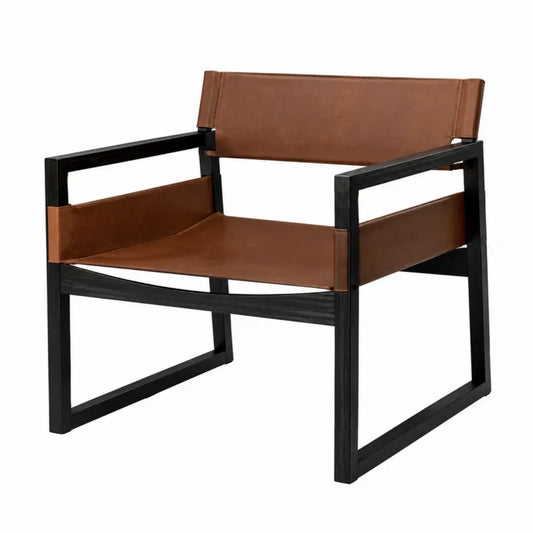 Butaca individual con estructura rectangular de madera negra y asiento respaldo en cuero PU marrón 70 x 75 x 75 cm