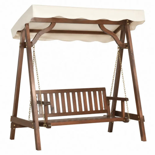 columpio de jardín de madera con toldo asiento colgante 2 plazas estructura madera maciza color marrón y beige