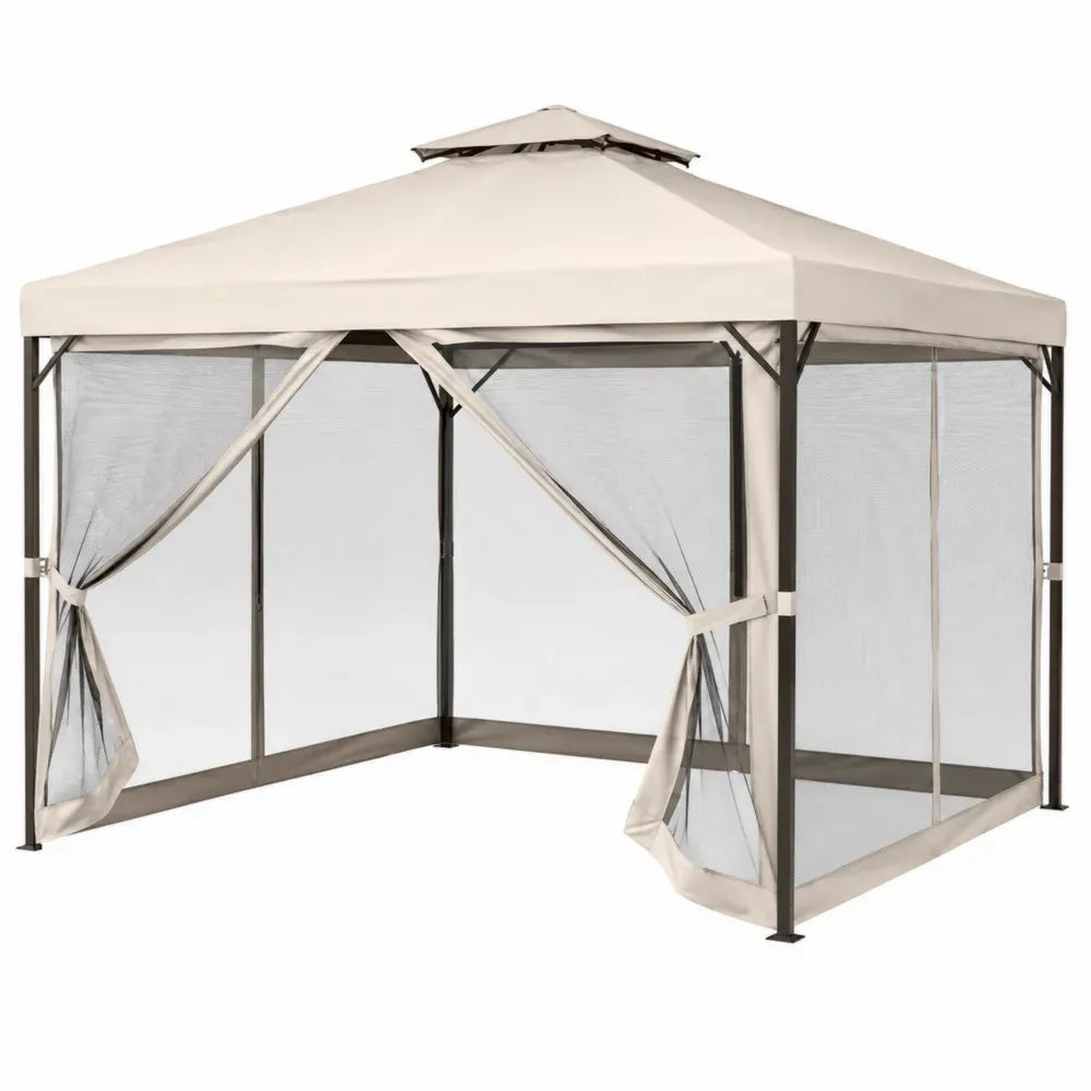 Gazebo de exterior cuadrado con mosquiteras techo de poliéster beige y estructura de acero negro 300 x 300 x 260 cm