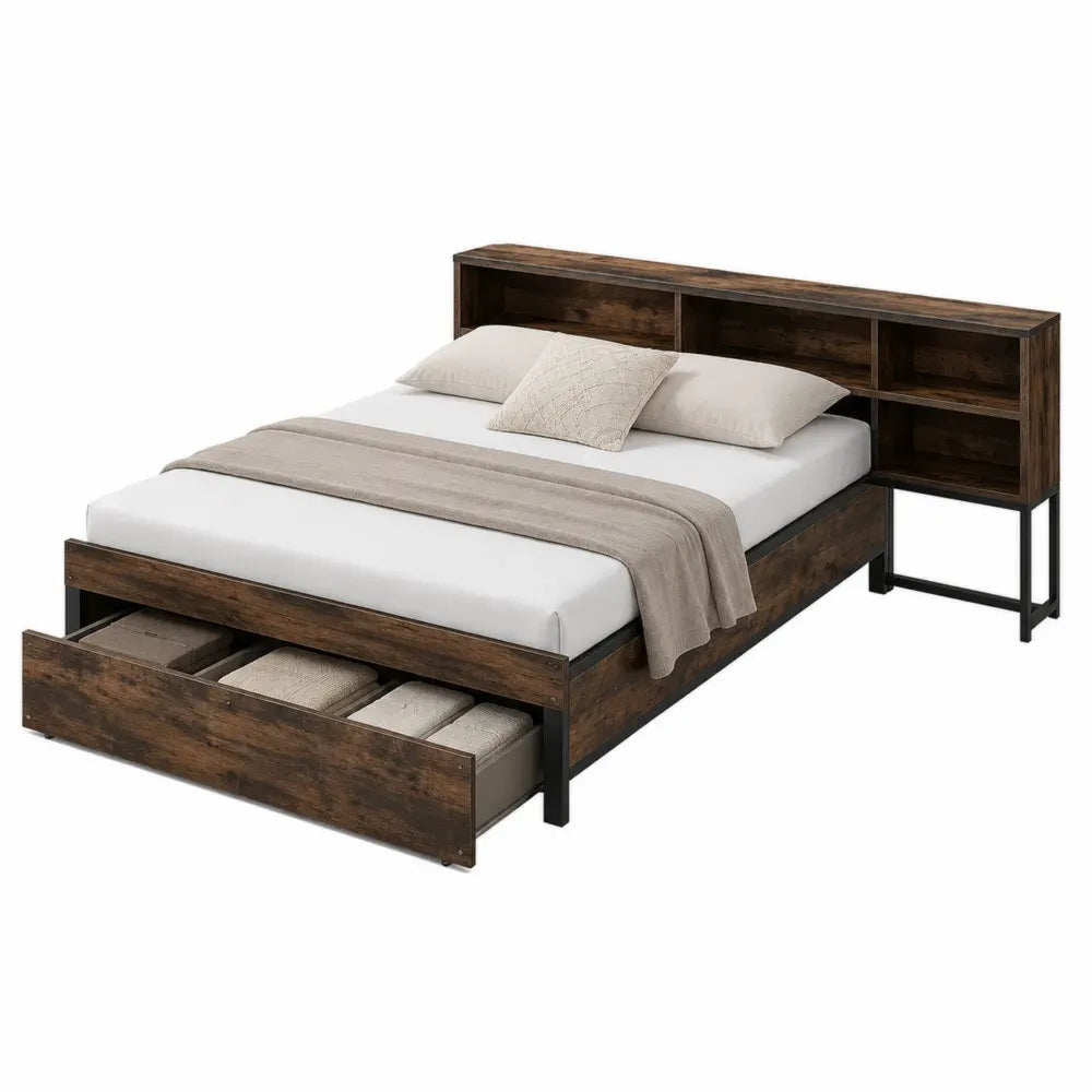 Cama tapizada 160x200 cm con almacenaje 2 cajones madera oscura estructura metálica negra cabecero con estantes laterales