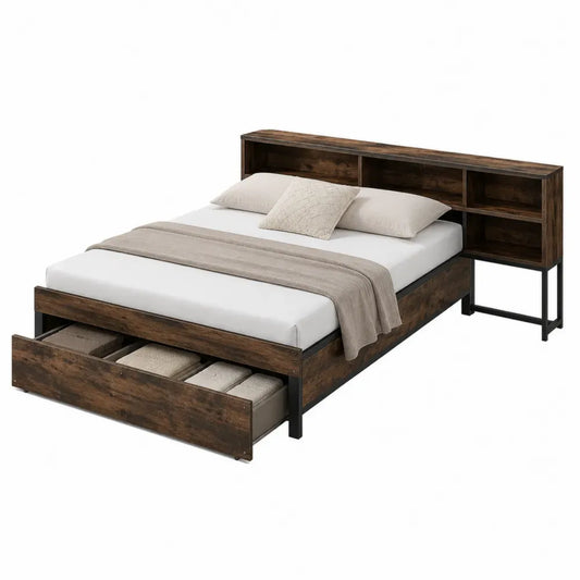 Cama tapizada 160x200 cm con almacenaje 2 cajones madera oscura estructura metálica negra cabecero con estantes laterales