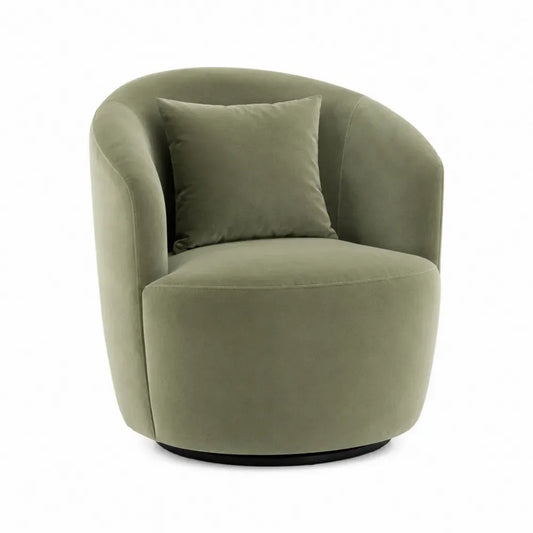 Silla butaca giratoria tapizada en tejido bouclé verde oliva con cojín base metálica redonda 80 x 80 x 75 cm