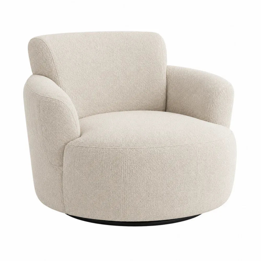 sillón giratorio tapizado en tejido bouclé beige con base metálica negra diseño redondeado 75 x 75 x 70 cm aproximado