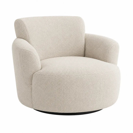 sillón giratorio tapizado en tejido bouclé beige con base metálica negra diseño redondeado 75 x 75 x 70 cm aproximado