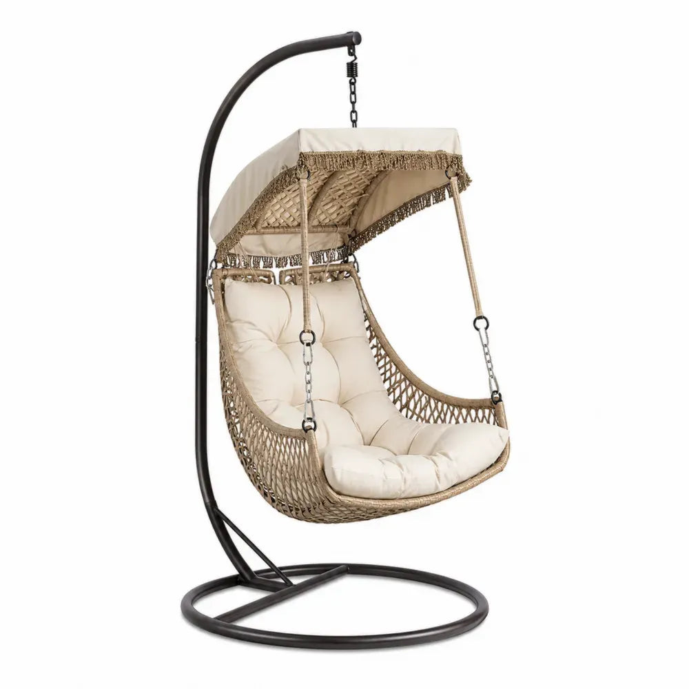 Silla colgante con soporte de acero negro y cesto de ratán PE con cojín beige y toldo 190 x 80 x 65 cm