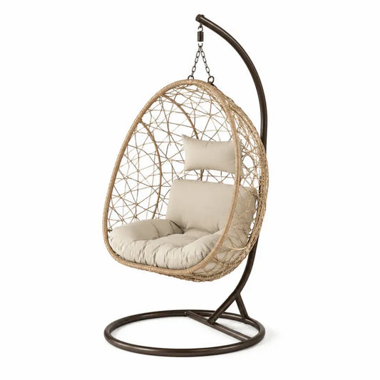 Silla colgante tipo nido ovalada con soporte de acero marrón oscuro ratán PE beige y cojines 105 x 105 x 195 cm