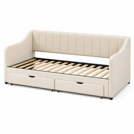 Cama tapizada tipo sofá con cajones inferiores base de láminas de madera color beige crema estructura MDF y acero sin dimensiones especificadas