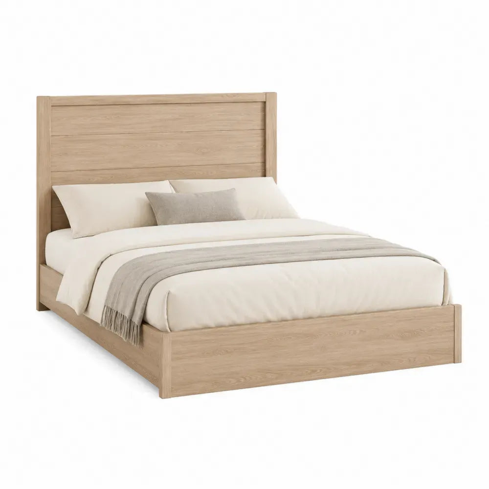 Cama doble rectangular para colchón 160 x 200 cm de tablero de partículas y MDF acabado roble claro