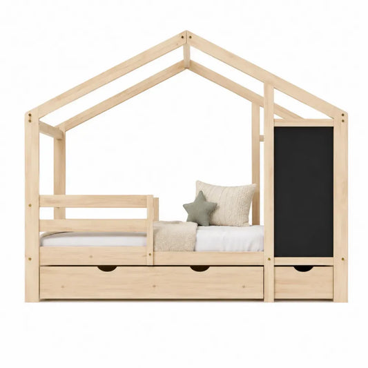 Cama infantil tipo casa con cajones de almacenamiento y estantería lateral madera de pino MDF color madera natural y negro 90 cm x 200 cm estructura con somier de láminas