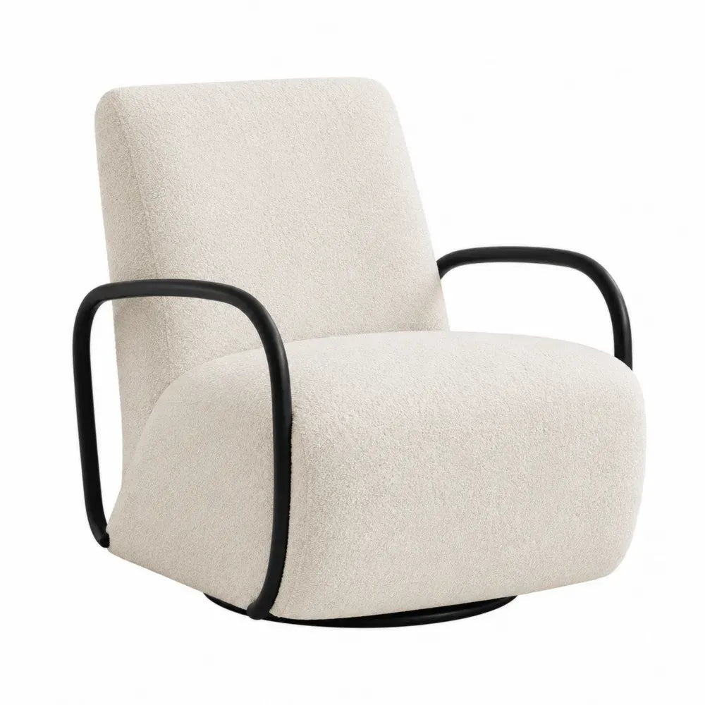 sillón giratorio tapizado en tejido bouclé beige con reposabrazos metálicos negros base circular 75 x 75 x 70 cm aproximado