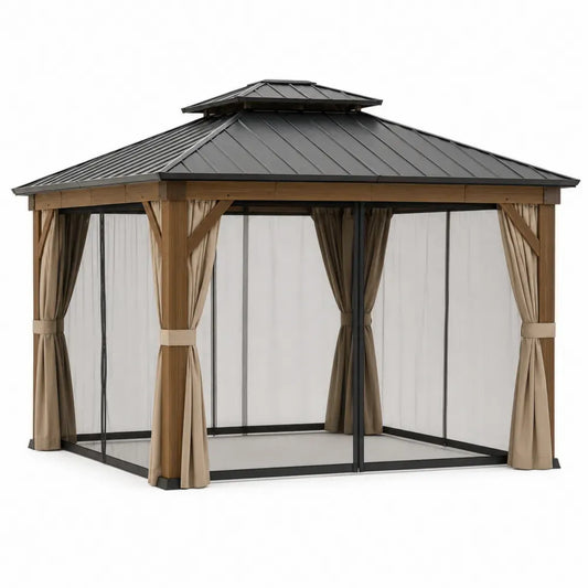 Cenador de jardín tipo gazebo con techo rígido metálico 300 x 300 x 260 cm estructura efecto madera y cortinas laterales