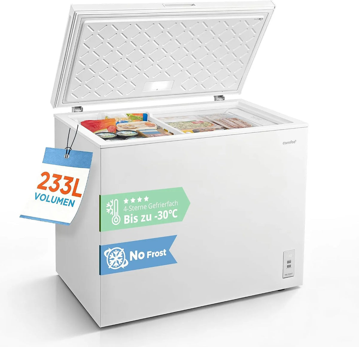 Comfee RCC231WH2EU, Truhlicové mrazničky, Mrazák na kombinovaný plyn Nofrost 233L (E), Černá, 233L, 231W, 42dB