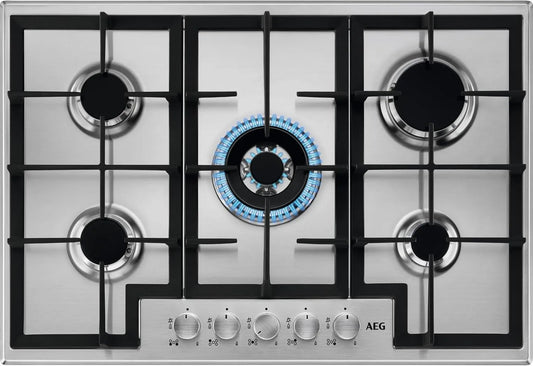 AEG HGB75400SM, Varné desky, Slim Line Plynová varná deska, 75 cm, 5 Požár, nerezová ocel, Stříbrná