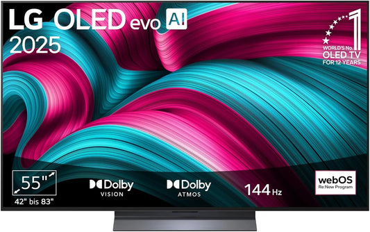 LG OLED55C5ELB Gen8, OLED displeje, 55 '(139 cm) 4K OLED evo AI TV, α9, Webos 25 [2025], Černá, 55 ', 139 cm, 4K, OLED