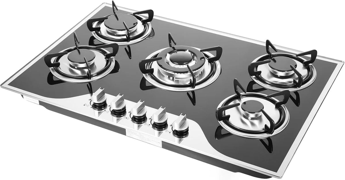 SanBouSi 5-flammig 5-plamen, Varné desky, 7500W Skleněný plyn Kochfeld, Built- in plotýnka s Wok-Brenner plynárenský, Černá, 7500W, 1.0 kW