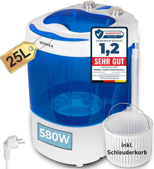 WONEA, Přenosné pračky, Mini pračka 25 litrů 580W s točením na 3kg prádla cestovní kempování, Bílá, 25 l, 580W, 3kg, 5 kg