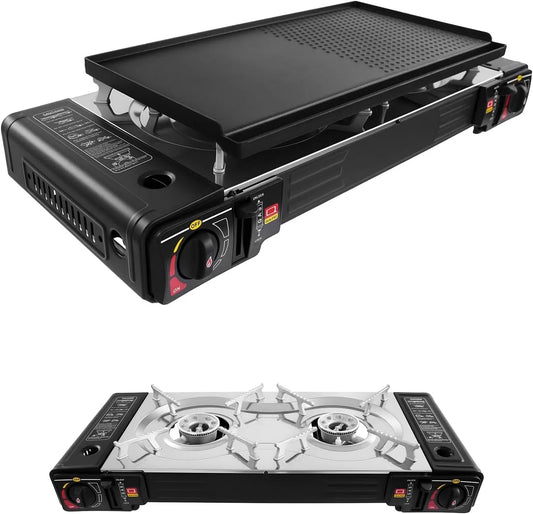 YNAADYH 2in1, Propangrills, Plynový kemping Kocher, Butan / Plynové přenosné kempinkové kamna + gril deska, Černá, 9, 02 l, 2500W, 0, 22 l