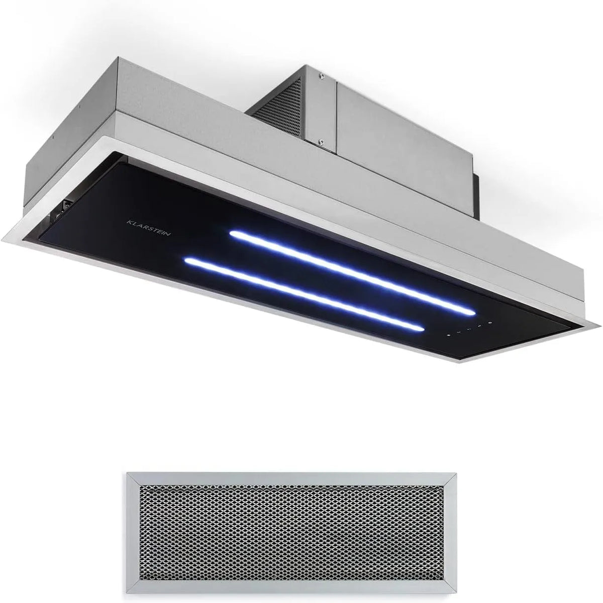 Klarstein m3/h, Ostrůvkové digestoře, Vysokoúrovňová stropní kapota - instalace, 77 cm, 410 m3 / h, cirkulující vzduch, Stříbrná, 75 w