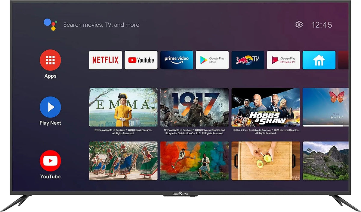 Smart Tech SMT65E1MUC2M1B1, Televizory, SMMART Tech 164cm (65 palců) LED TV Smart TV (4K UHD, Android 9.0, Google, Černá, 164cm, 4K, 3840 x 2160