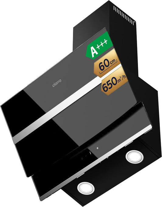CIARRA, Nástěnné digestoře, Bezhlavý úhel kapoty rozsah kapoty 60 cm 650 m3 / h dotykové ovládání Dimmmbar, Černá / stříbrná, 60 cm, 11 kW, 5v