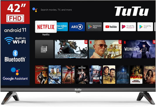 TuTu DVB-C/S/S2/T/T2 TUS42FD1A, Televizory, TV 42 palců (106cm), Full HD Smart TV, Android TV s WLAN, Bluetooth, APP Store, Černá, 106cm, Full HD