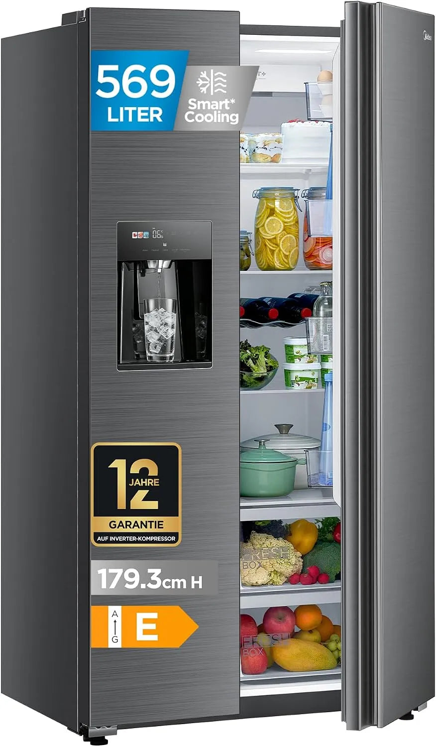 Midea, Kombinované chladničky s mrazákem, Side-by-Boční Lednice 569 L, Ledová kostka a vodní zásobník, No Frost, Stříbrná, 569 L, 372L, 197L