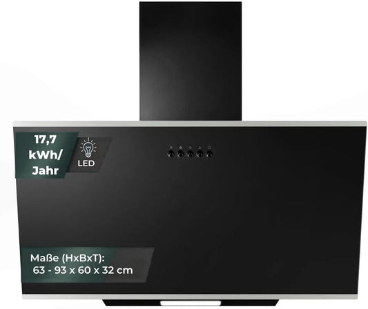 YUNA, Nástěnné digestoře, rozsah kapota DUNJA 60 cm černé sklo přední 3 úrovně výkonu 47W výkon výfukový, Černá, 60 cm, 47W, 68 dB, 63 cm
