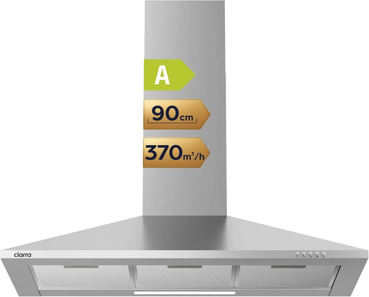 CIARRA CAS9201A, Nástěnné digestoře, C rozsah kapota 90CM 370 m3 / h cirkulující vzduch a výfukový vzduch, Černá / stříbrná, 90CM, 22 kW, 950 mm