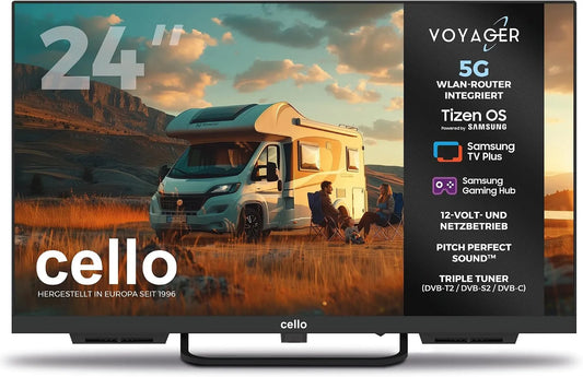 Cello 5G-WLAN-Router V/230, Televizory, Voyager C24TZR-VOY 24- inch Smart TV, 12 V / 230 V, integrovaný 5G Wi-Fi router a, Černá, 5G, 12 V