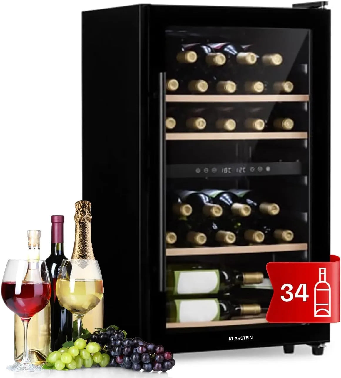 Klarstein, Nápojové chladničky, Lednička na víno, Nápoje Lednice Úzký, 2 Zóny Lednice se skleněnými dveřmi, Černá, 34 l